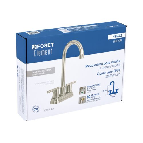 49942 - Mezcladora satín 4" para lavabo cuello tipo bar, Element