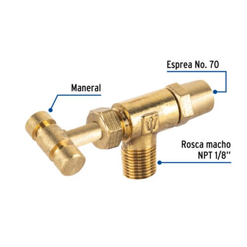 49976 - Válvula horizontal de latón 1/8" para gas LP, con maneral