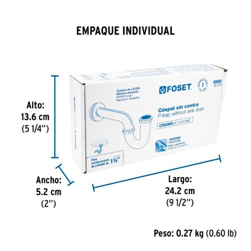 499854 49985 - Céspol 1-1/4", sin contra, latón cromo, para lavabo, Foset