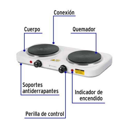 49990 - Parrilla eléctrica 2 quemadores de disco, blanca, VOLTECK