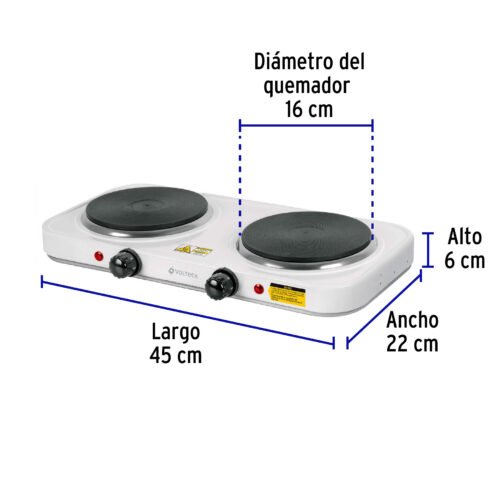 49990 - Parrilla eléctrica 2 quemadores de disco, blanca, VOLTECK