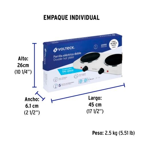 49990 - Parrilla eléctrica 2 quemadores de disco, blanca, VOLTECK