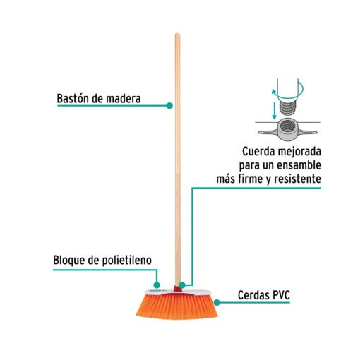 57030 - Escoba cerdas de PET extra suaves, bastón de madera
