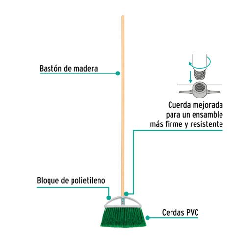 57051 - Escoba chica tipo abanico, cerdas de PVC, bastón de madera