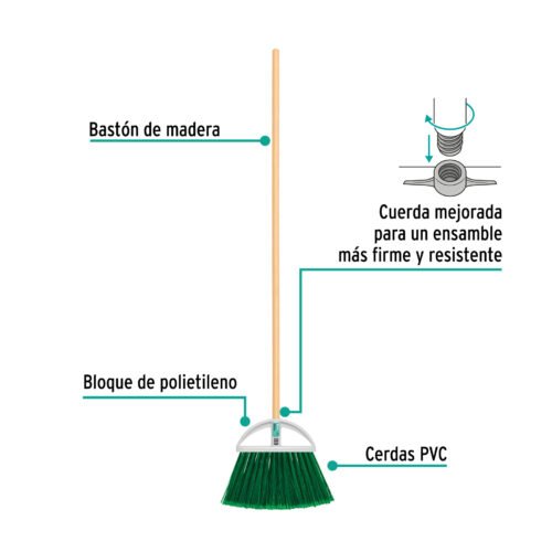 57052 - Escoba grande tipo abanico, cerdas de PVC, bastón de madera