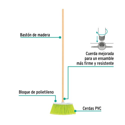 57054 - Escoba mediana tipo cepillo, cerdas de PVC, bastón de madera