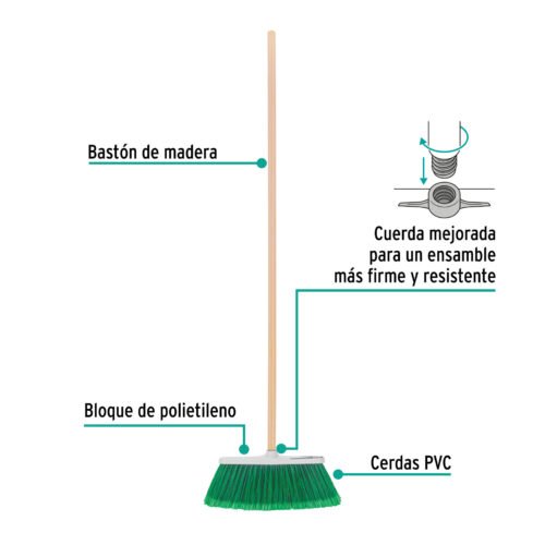 57055 - Escoba grande tipo cepillo, cerdas de PVC, bastón de madera