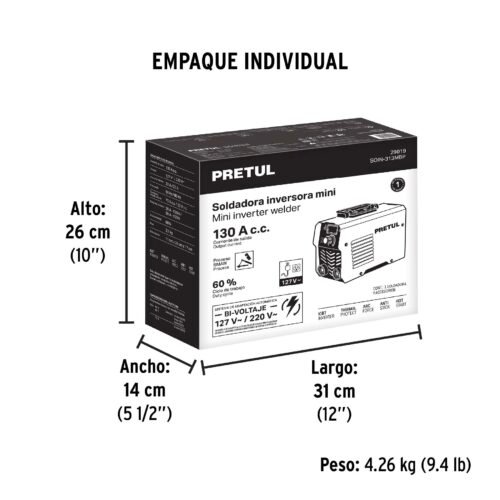 29019 - Mini soldadora inversora 130A, bi-voltaje, Serie 300, PRETUL