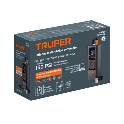 104020 - Inflador de aire inalámbrico portátil 150 PSI, TRUPER