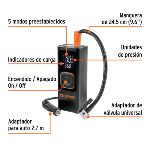 104020 - Inflador de aire inalámbrico portátil 150 PSI, TRUPER
