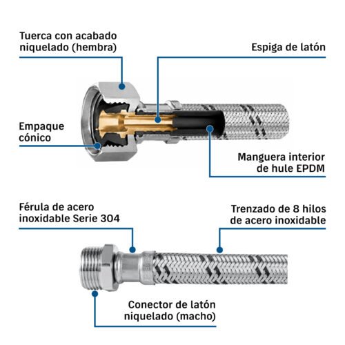 43732 - Manguera para boiler, acero inox. 1/2'H x 3/4'M, 60 cm