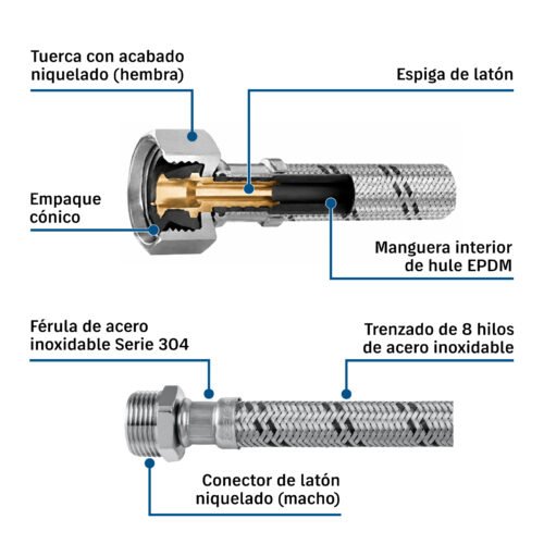43728 - Manguera para boiler, acero inox. 1/2'H x 1/2'M, 60 cm