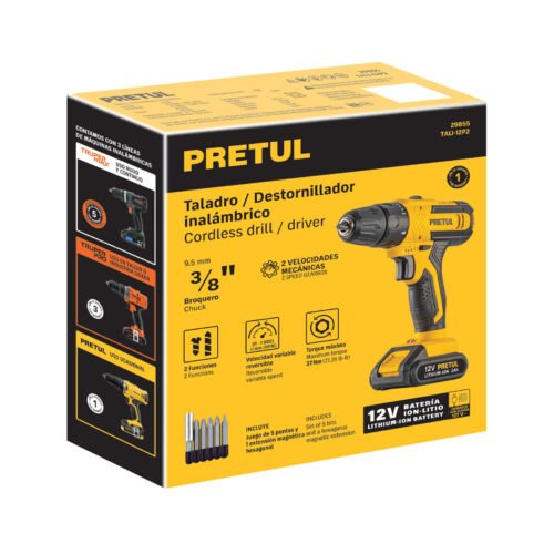 29855 - Taladro/destornillador 3/8', 12V, 1 batería 2Ah, PRETUL