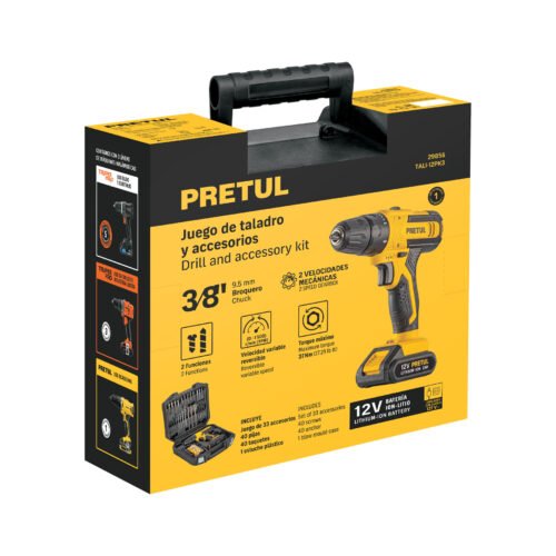 29856 - Kit taladro/destornillador 3/8', 12V, 33 accesorios, PRETUL