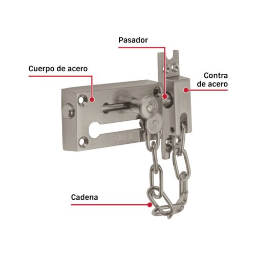 43866 - Pasador con cadena para puerta, acabado níquel satín, HERMEX