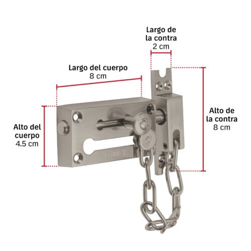 43866 - Pasador con cadena para puerta, acabado níquel satín, HERMEX