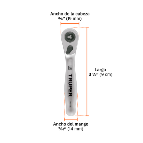 104478 - Matraca mini cuadro 1/4' para puntas y dados, TRUPER