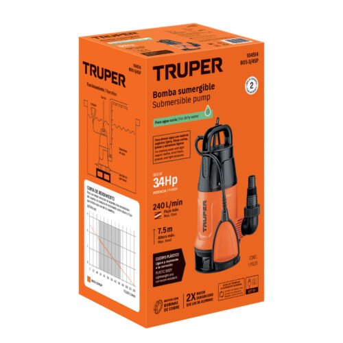 104514 - Bomba sumergible plástica, 3/4 HP para agua sucia, TRUPER