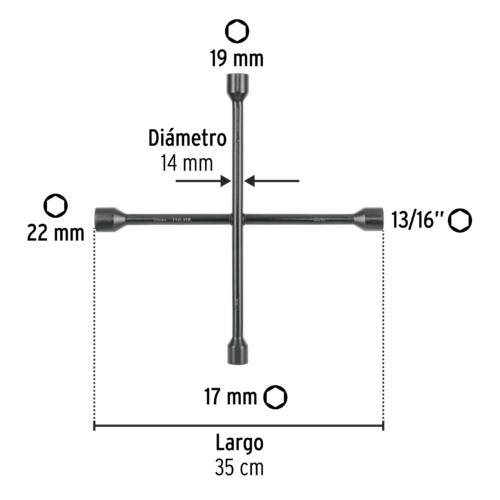 29882 - Llave de cruz 14', bocas 17, 19, 22 mm y 13/16', PRETUL