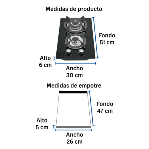 46249 - Parrilla gas empotrar 30 cm, 2 quemadores, vidrio, RIVIERA